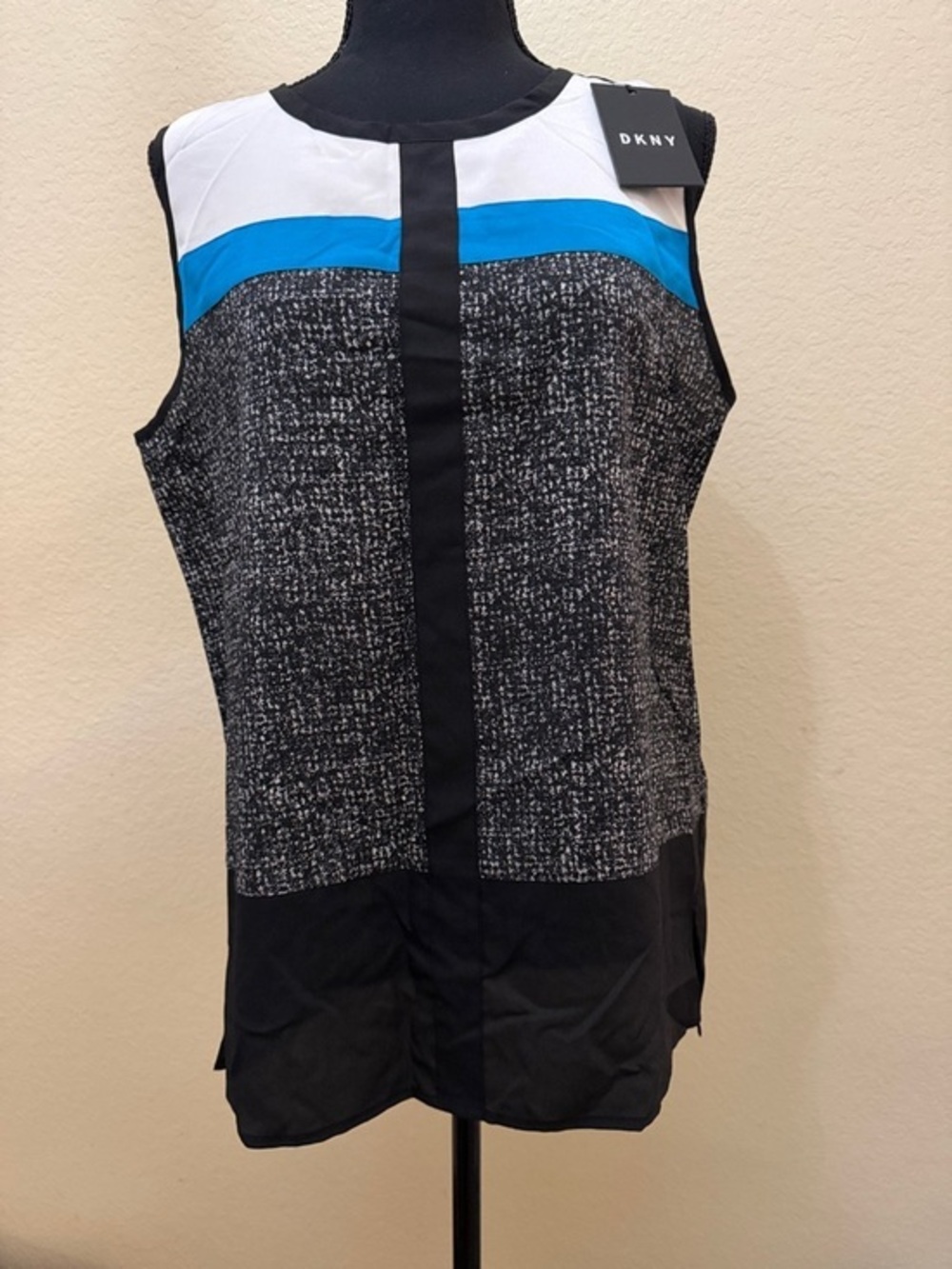 DKNY Black, White & Bright Blue Tweed-Panel Sleeveless Top